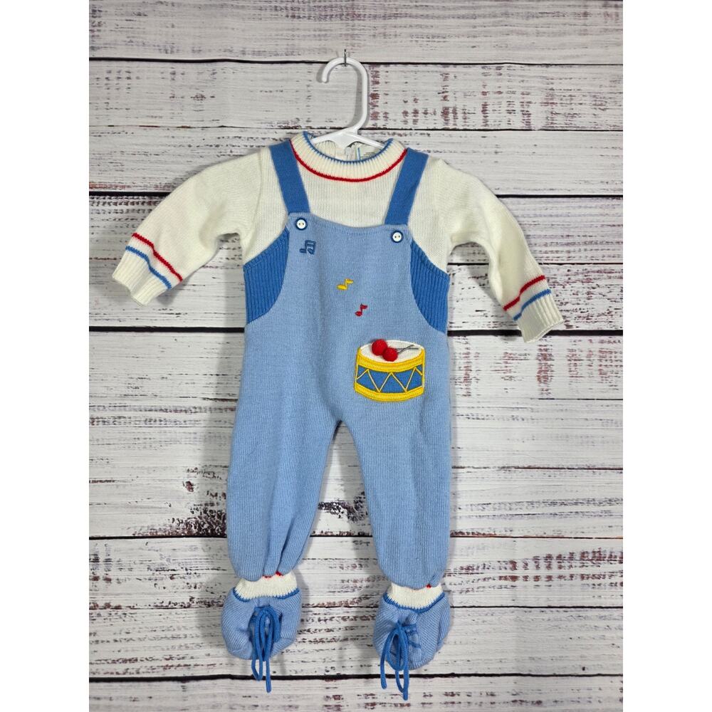 Vintage Unbranded Knit Baby Boy Outfit One Piece Drum Music Blue 3-6 Months
